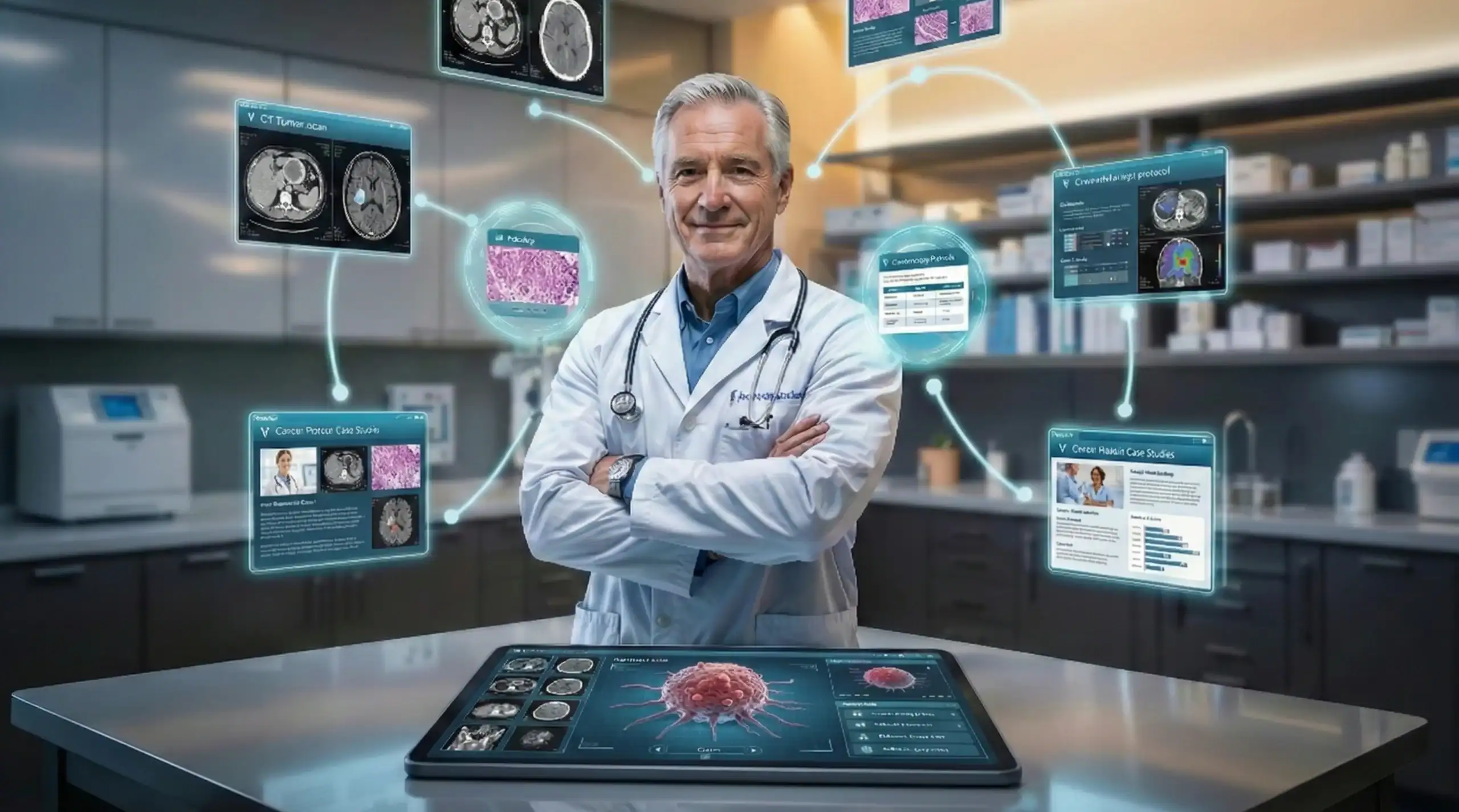Advanced oncology technology with digital interfaces and medical expert in lab.