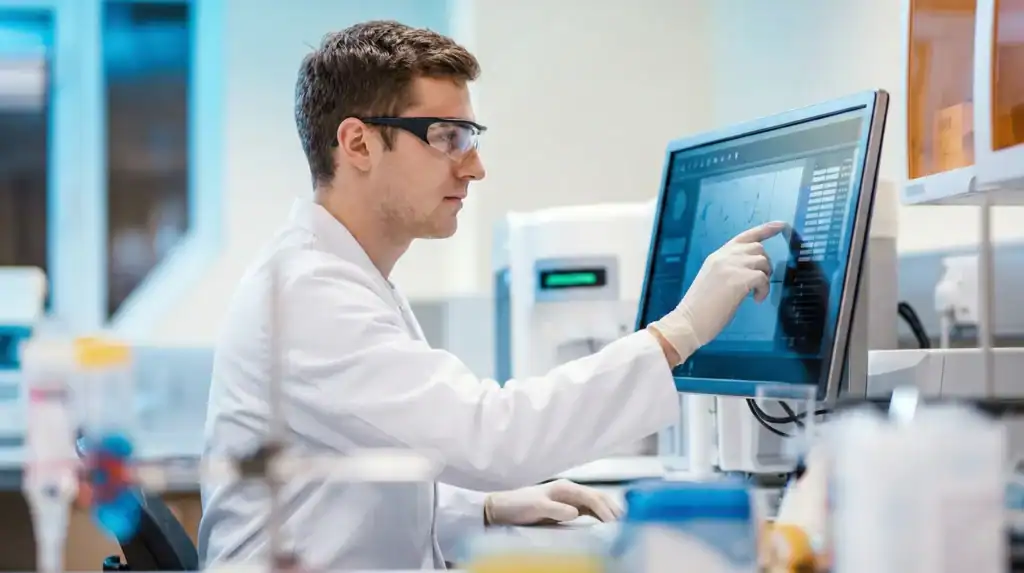Scientist working with Cyan Oncology lab equipment and data analysis.