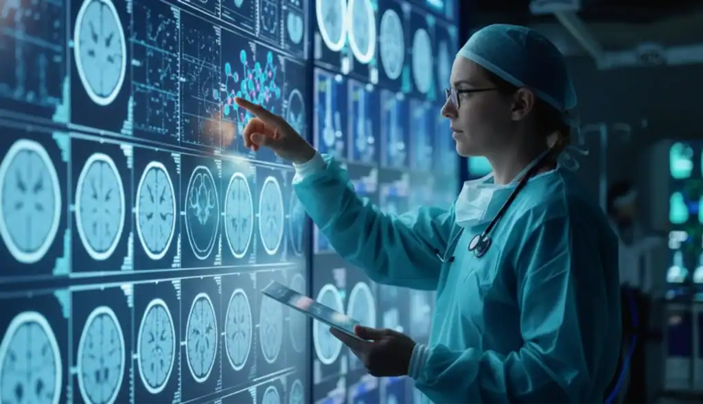 Medical professional analyzing brain scan images for oncology research and diagnosis.