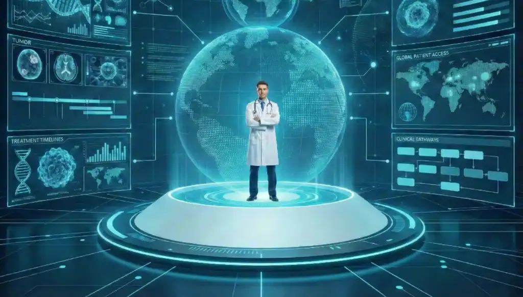 Medical professional analyzing cancer data with futuristic digital interface.