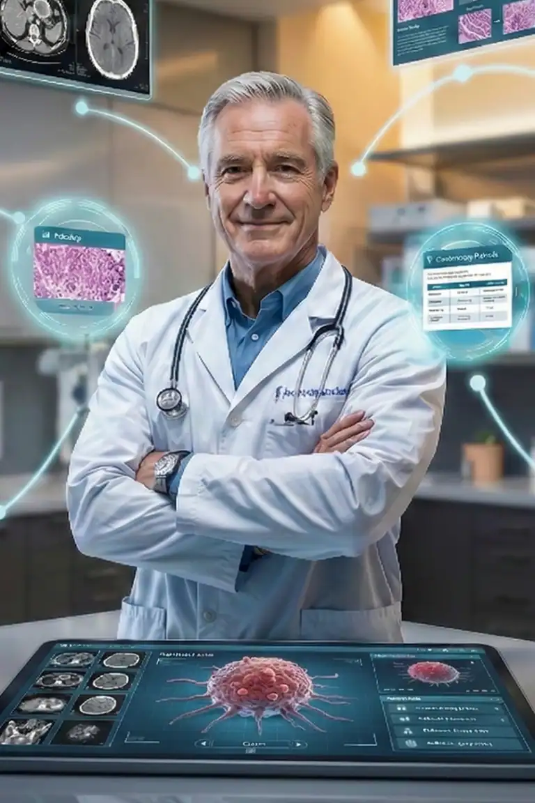 Expert doctor analyzing cancer cells with advanced digital tools in oncology.