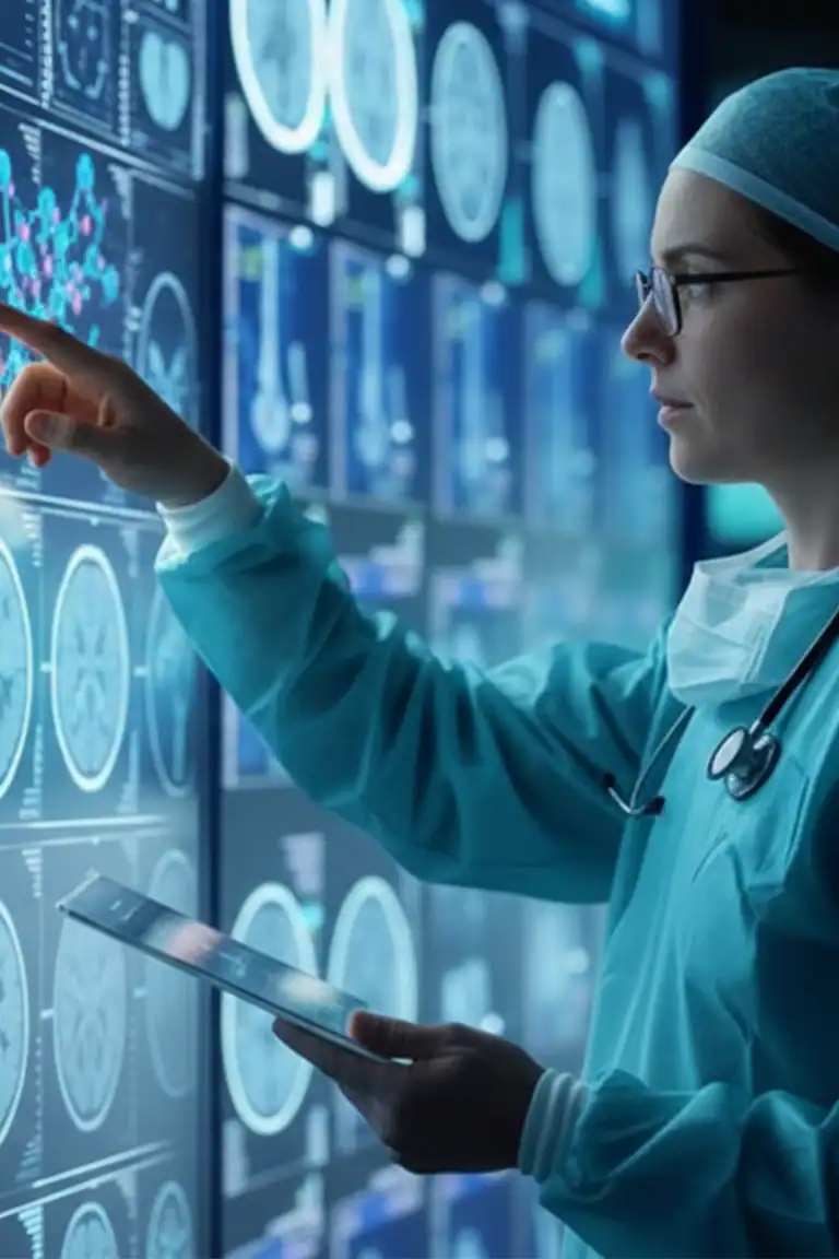 Medical professional analyzing cancer data on digital screens in oncology lab.
