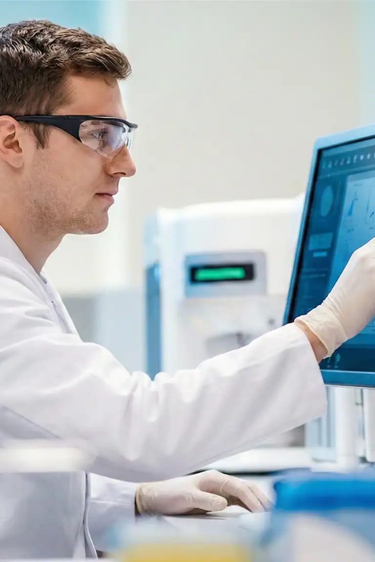 Medical researcher analyzing data on a computer screen in a lab setting.