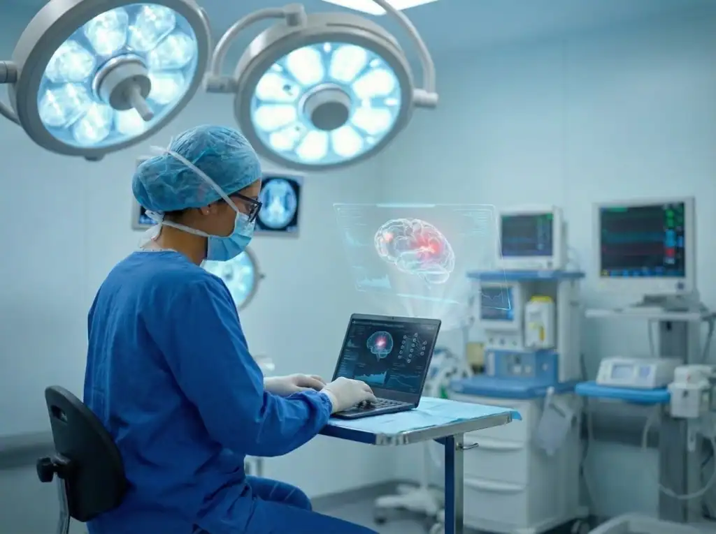Clinician in surgical scrubs working on a laptop in an operating room
