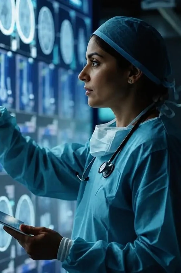Doctor reviewing brain scans on a digital display