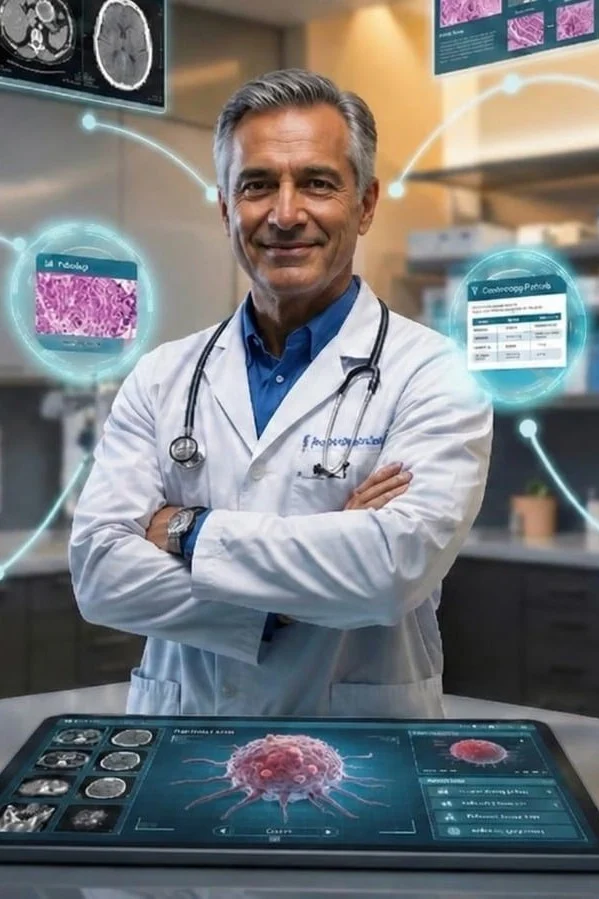 Senior doctor with clinical data panels
